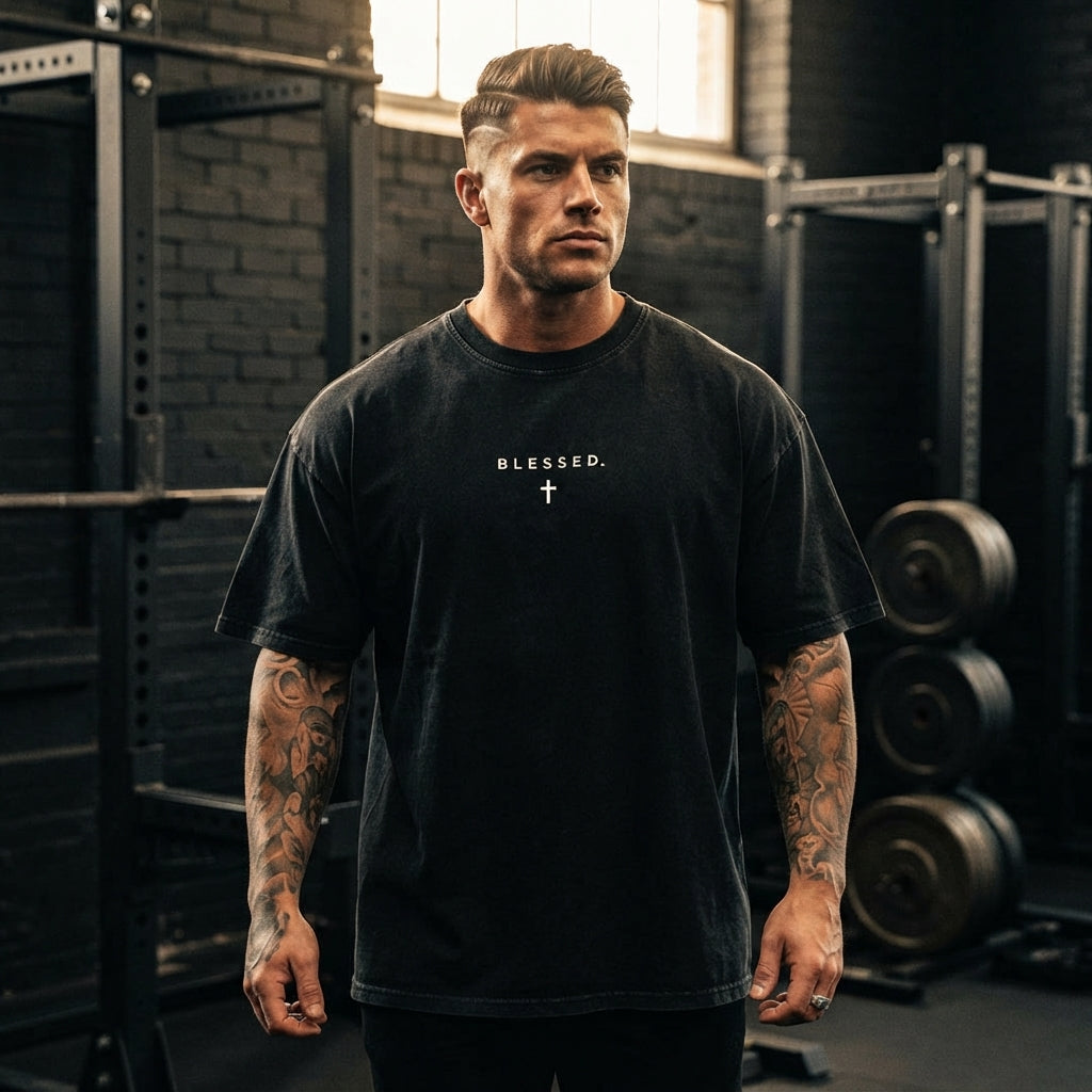 Grit & Grace BLESSED acid wash oversized faith tee, men's gym and streetwear apparel